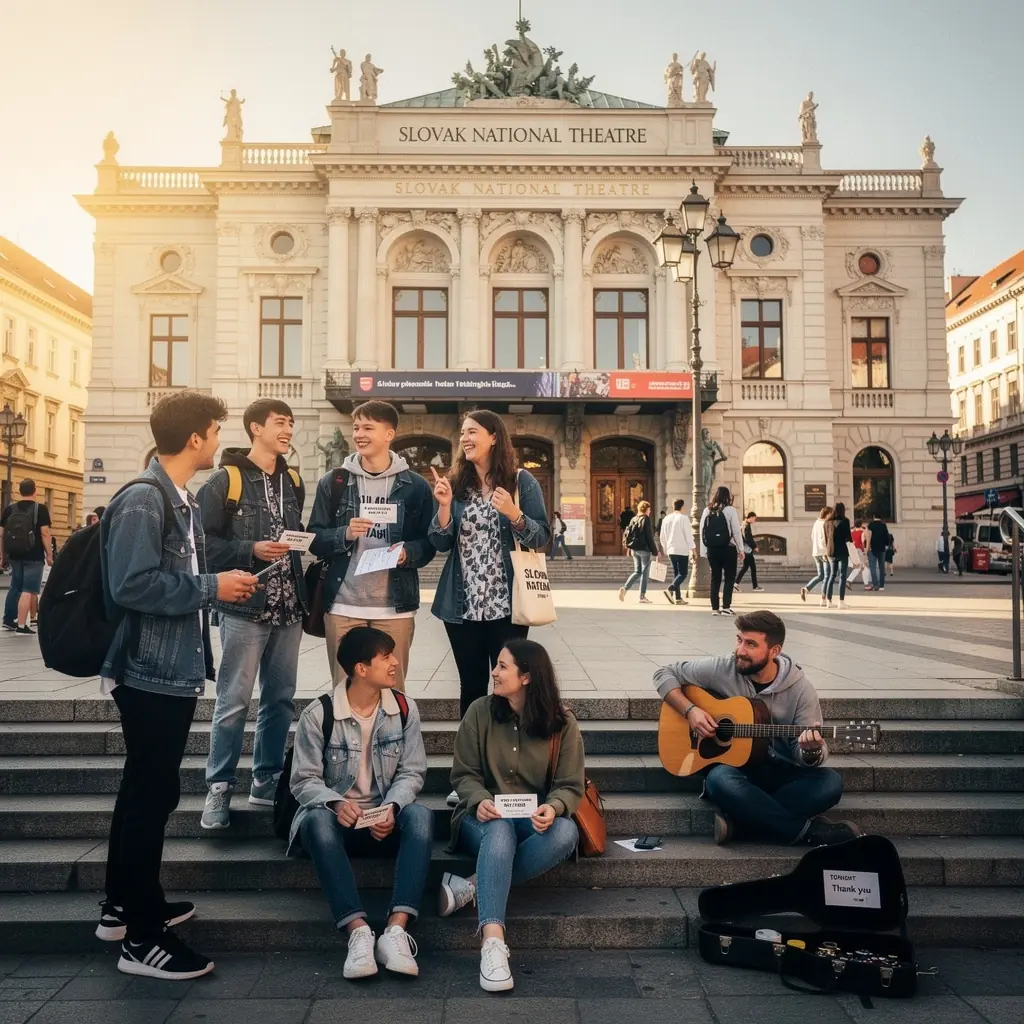 A vibrant street fair in a Slovak city featuring traditional dances and local crafts.